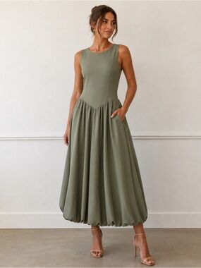 CAMILA COELHO High Neck Open Back Bubble Hem Midi Dress - Sage